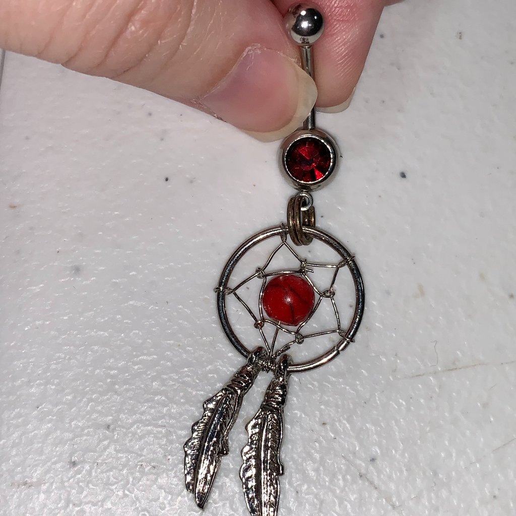 14 Gauge Dream Catcher Belly Ring, Dark Red Gem With Red Bead And A Silver Split